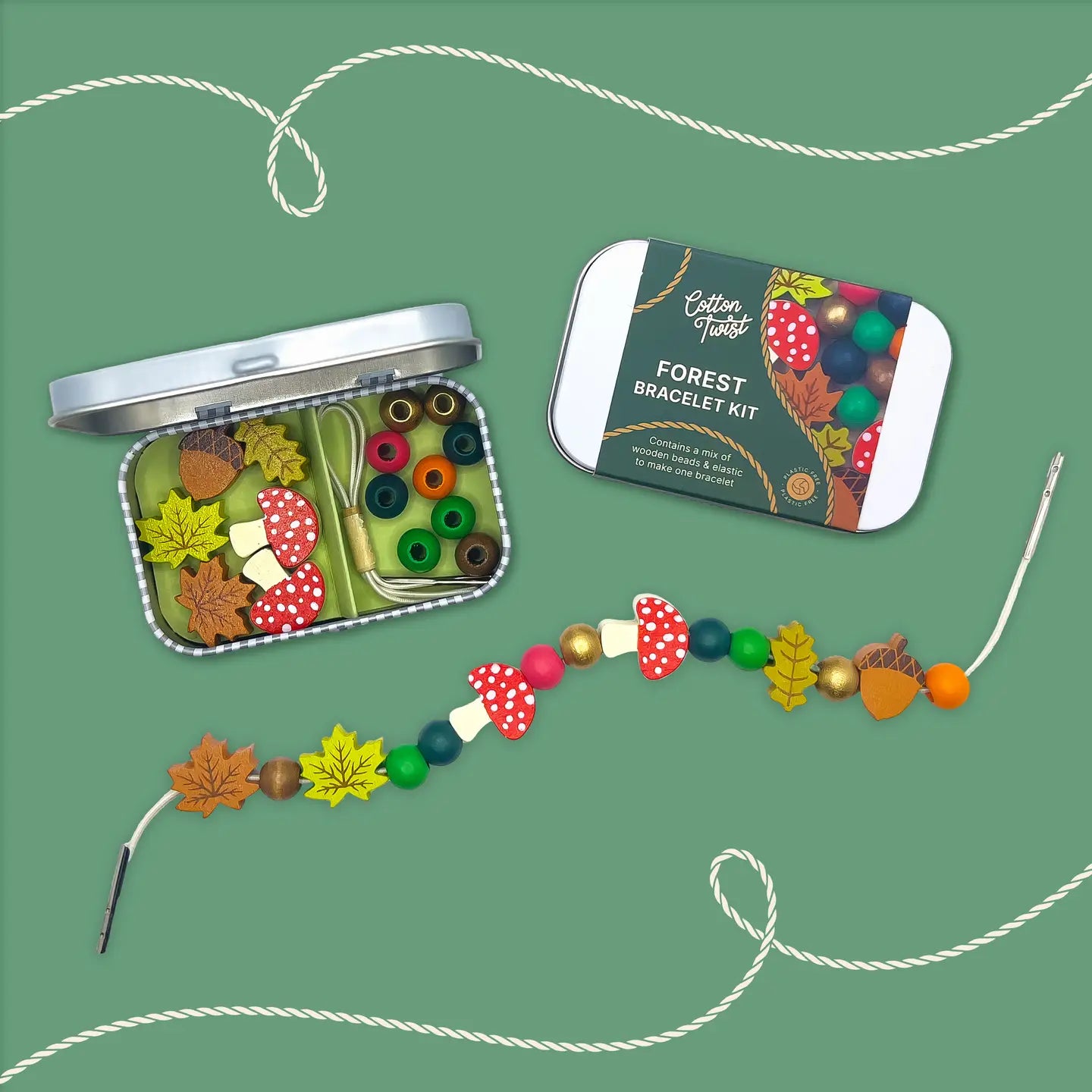 Forest bracelet kit with beads and tools in a tin on a white background